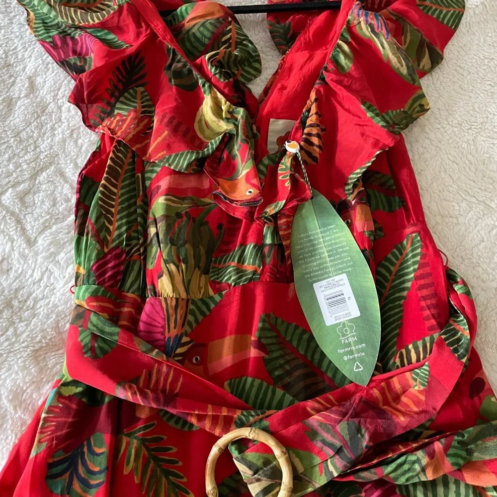 FARM Rio Red Tropical Leaf Midi Dress with Green Accents - Picture 5 of 6